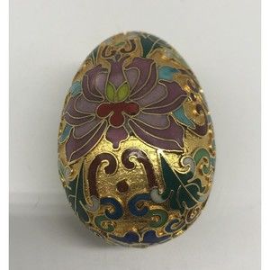 Vintage Franklin Mint Multicolor Cloisonne Easter Egg Gold Tone Lotus Flowers